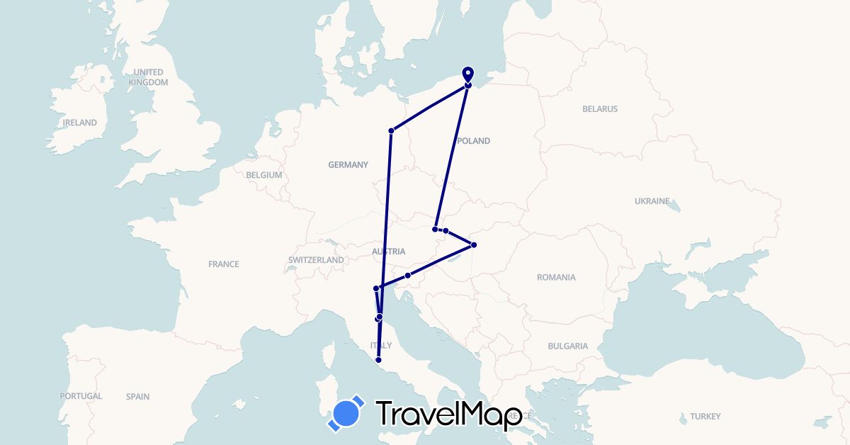 TravelMap itinerary: driving in Austria, Germany, Hungary, Italy, Poland, Slovenia, Slovakia, San Marino, Vatican City (Europe)